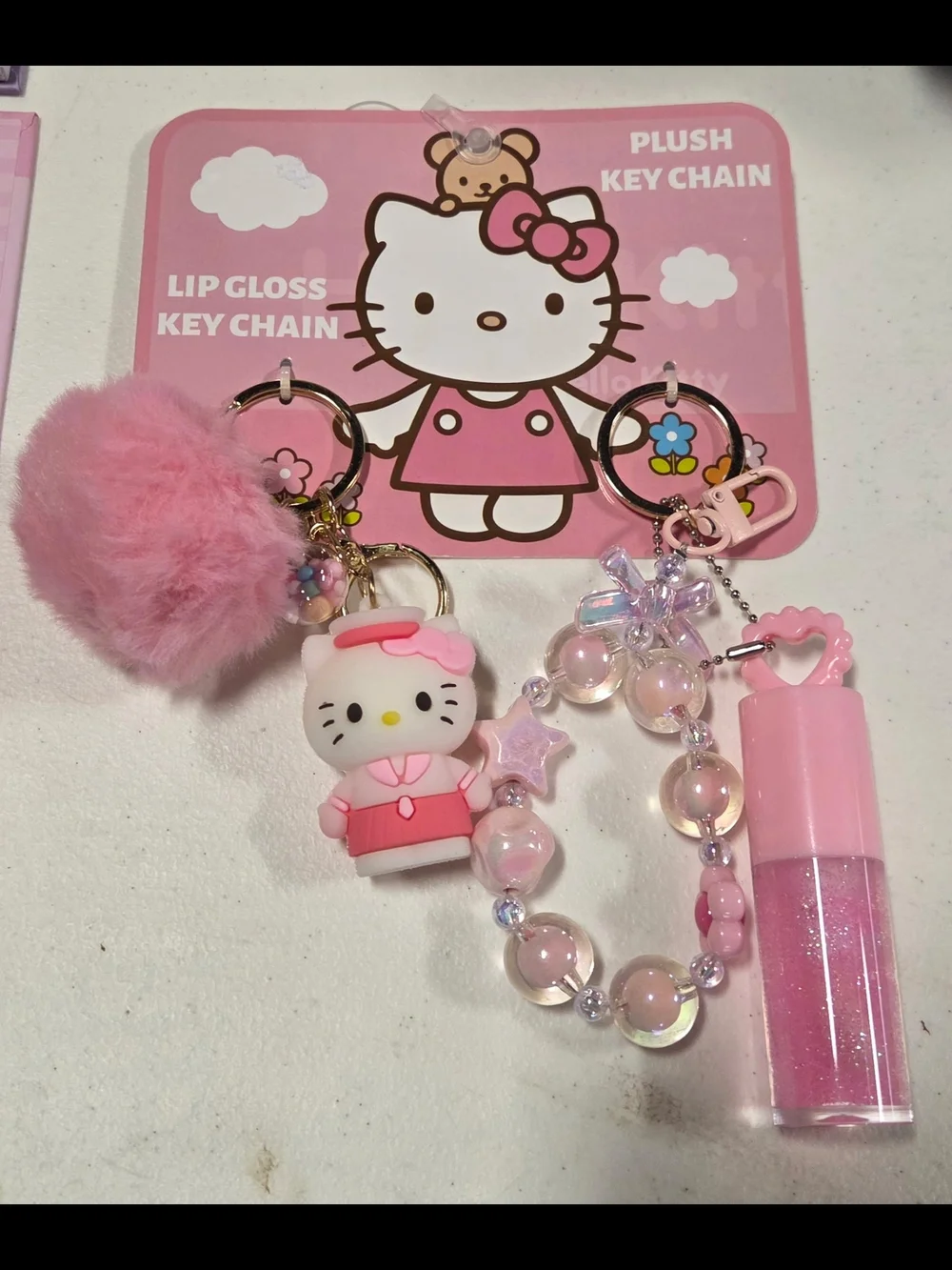Hello Kitty Pink Plush & Lip Gloss Keychain Duo